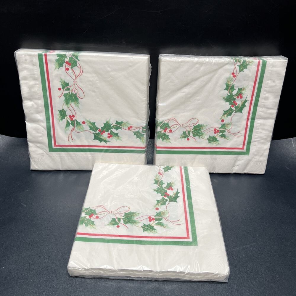 Vtg Mikasa Christmas Ribbon Holly Beverage Cocktail Napkins 3-ply 16 Pack 3 Pack
